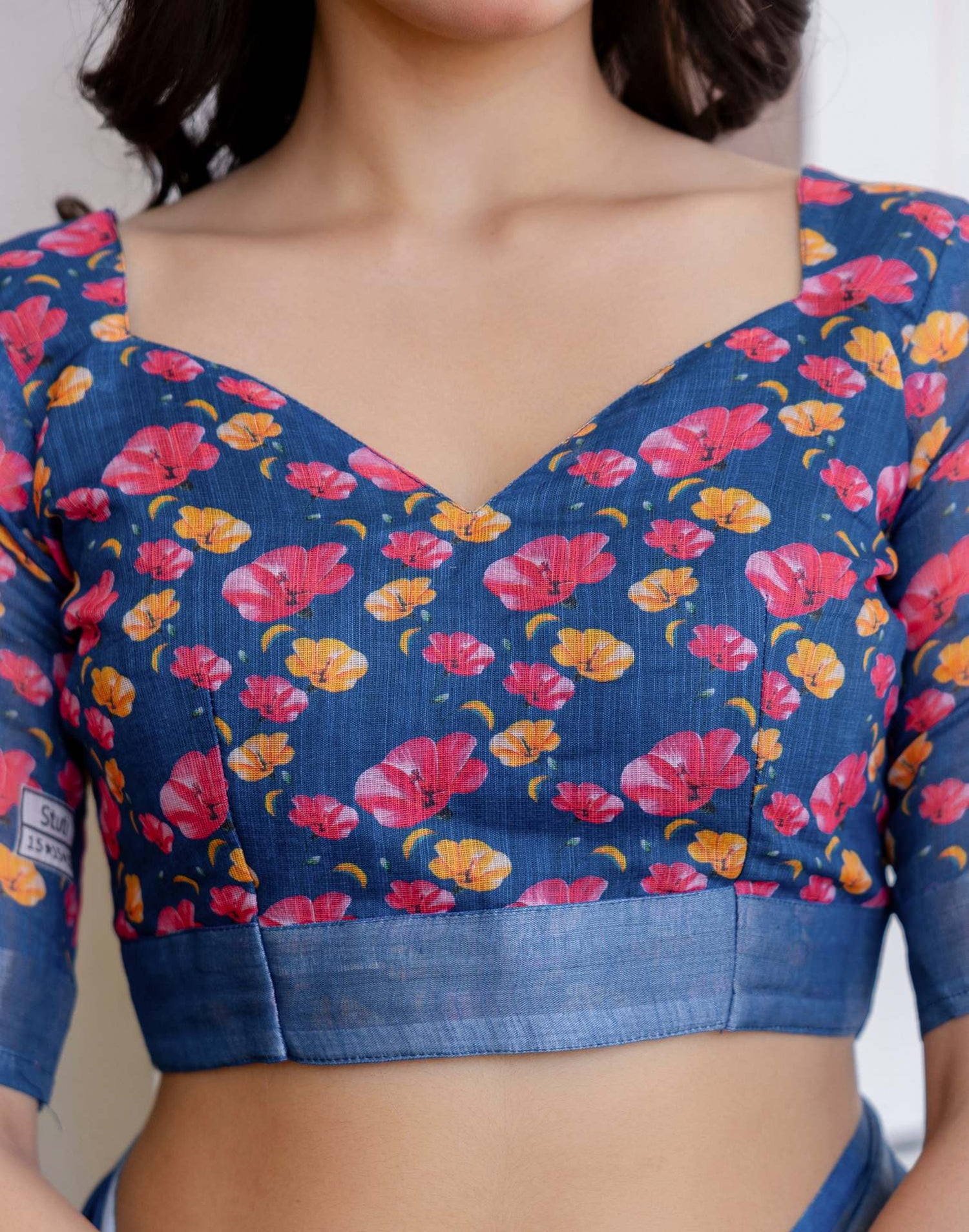 Dark Blue Linen Floral Printed  Saree