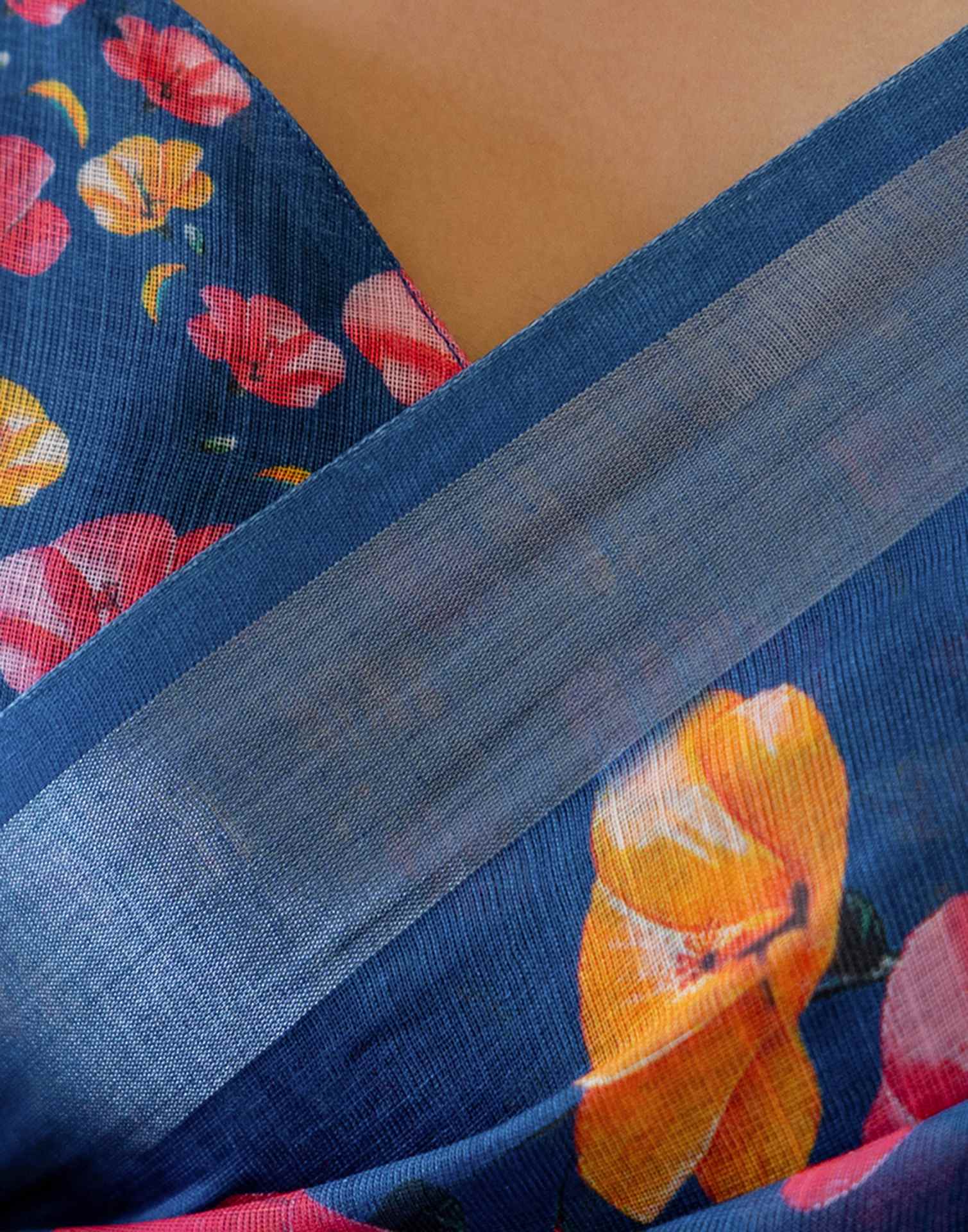 Dark Blue Linen Floral Printed  Saree