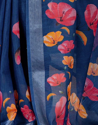 Dark Blue Linen Floral Printed  Saree