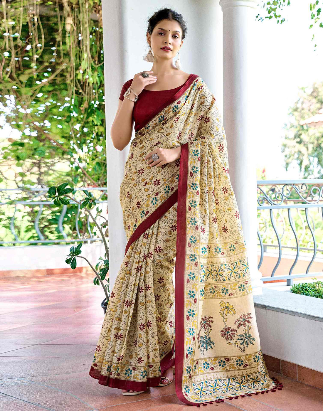 Beige Cotton Blend Printed Saree