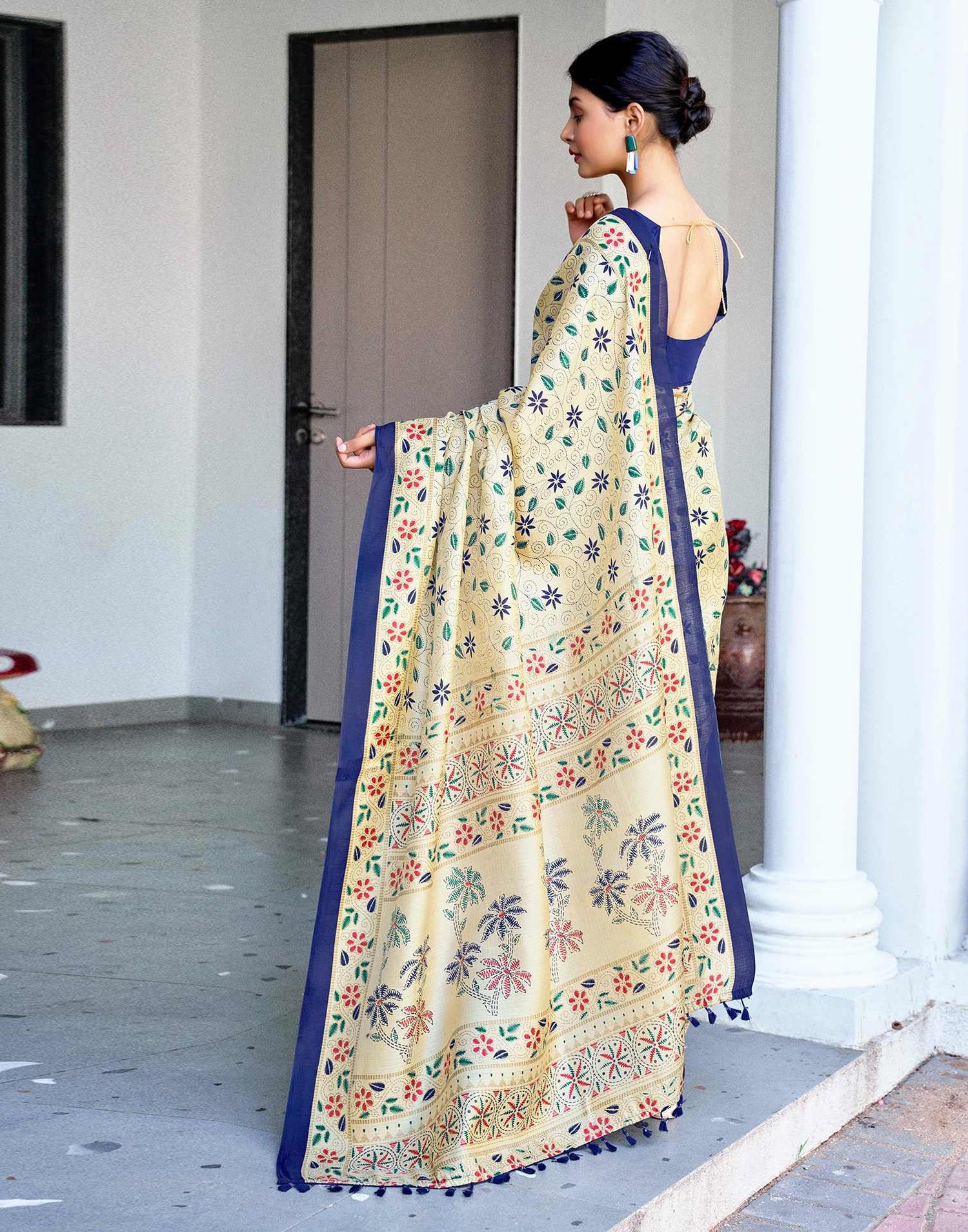 Beige Cotton Blend Printed Saree