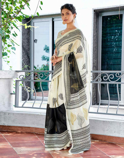 Off White Cotton Blend Printed Saree