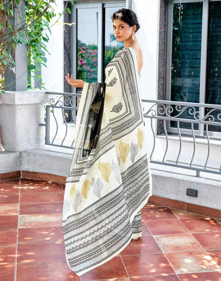 Off White Cotton Blend Printed Saree