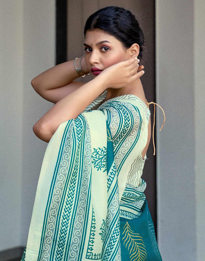 Off White Cotton Blend Printed Saree
