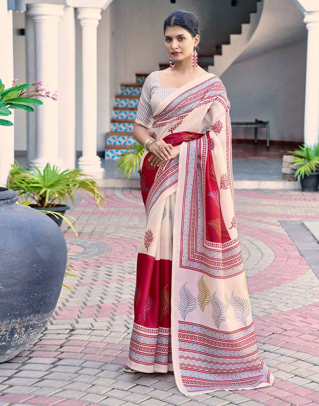 Off White Cotton Blend Printed Saree
