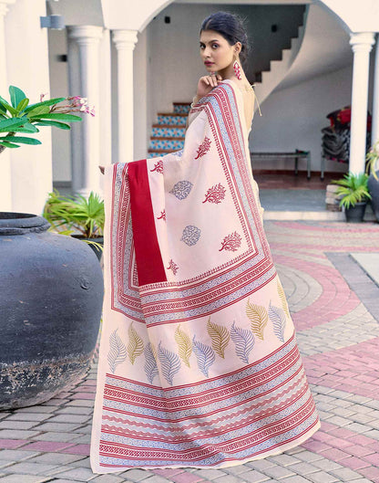 Off White Cotton Blend Printed Saree