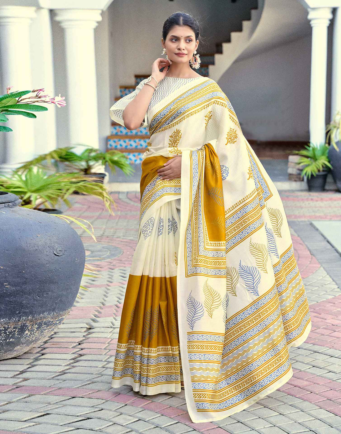Off White Cotton Blend Printed Saree