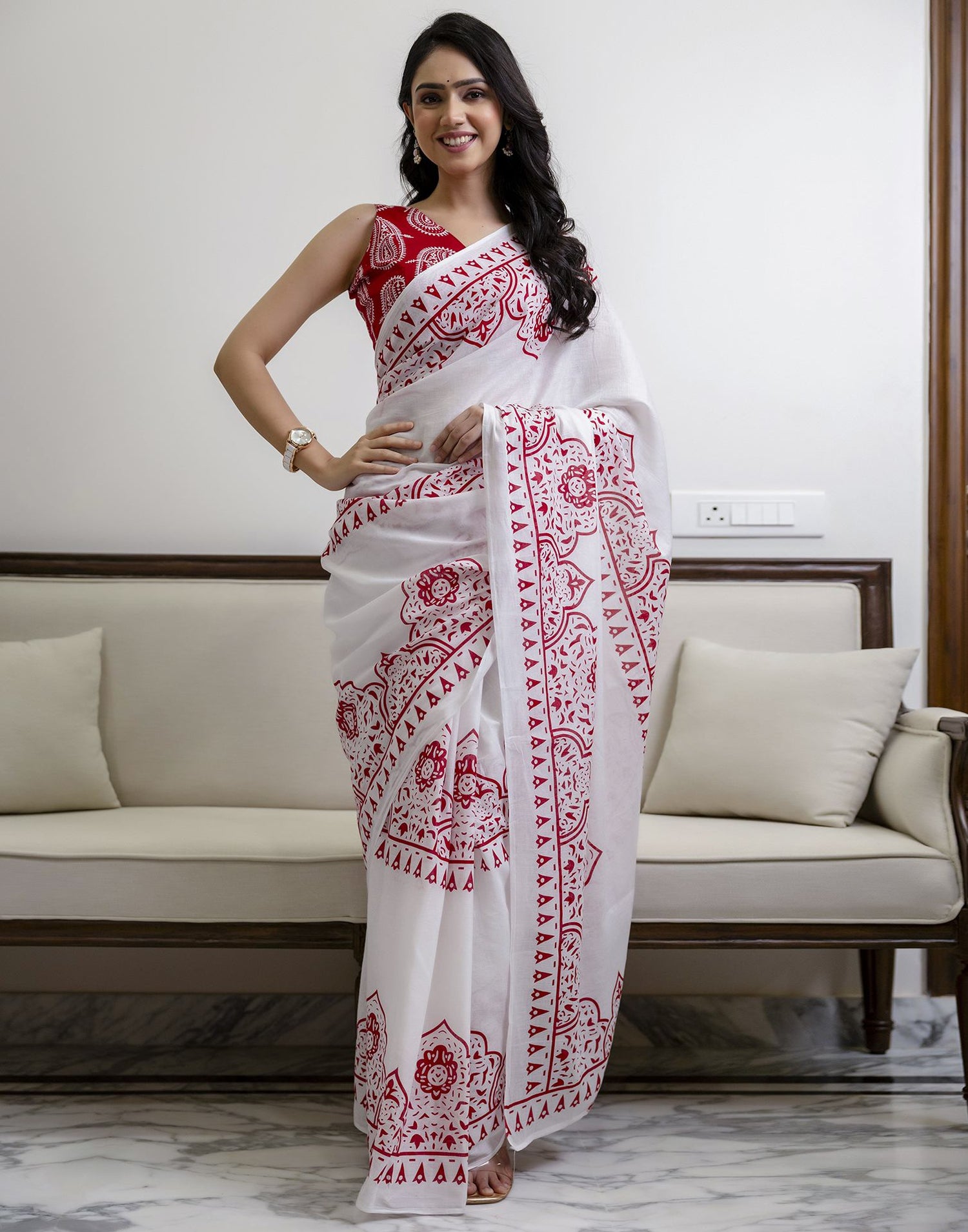 White Cotton Printed Saree