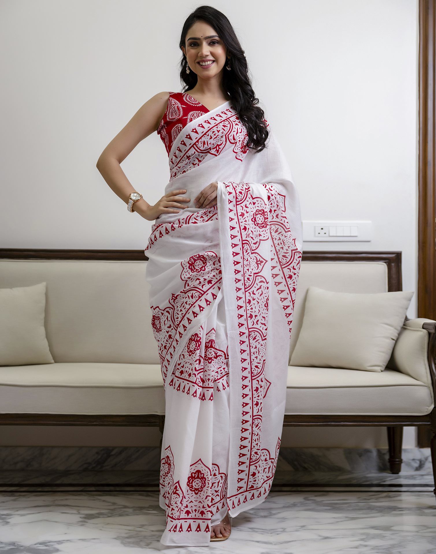 White Cotton Printed Saree