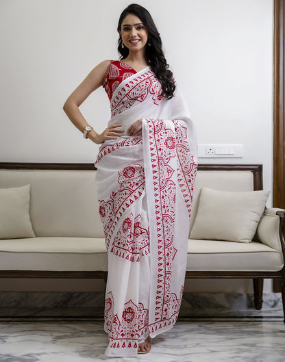 White Cotton Printed Saree