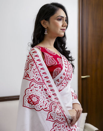 White Cotton Printed Saree