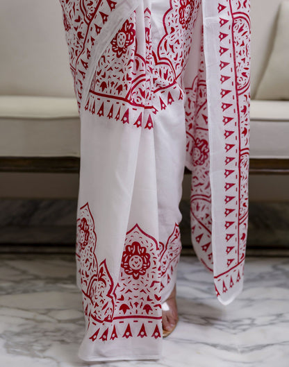 White Cotton Printed Saree