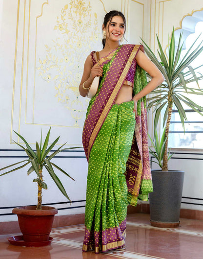 Light Green Cotton Bandhani Bandhani Saree