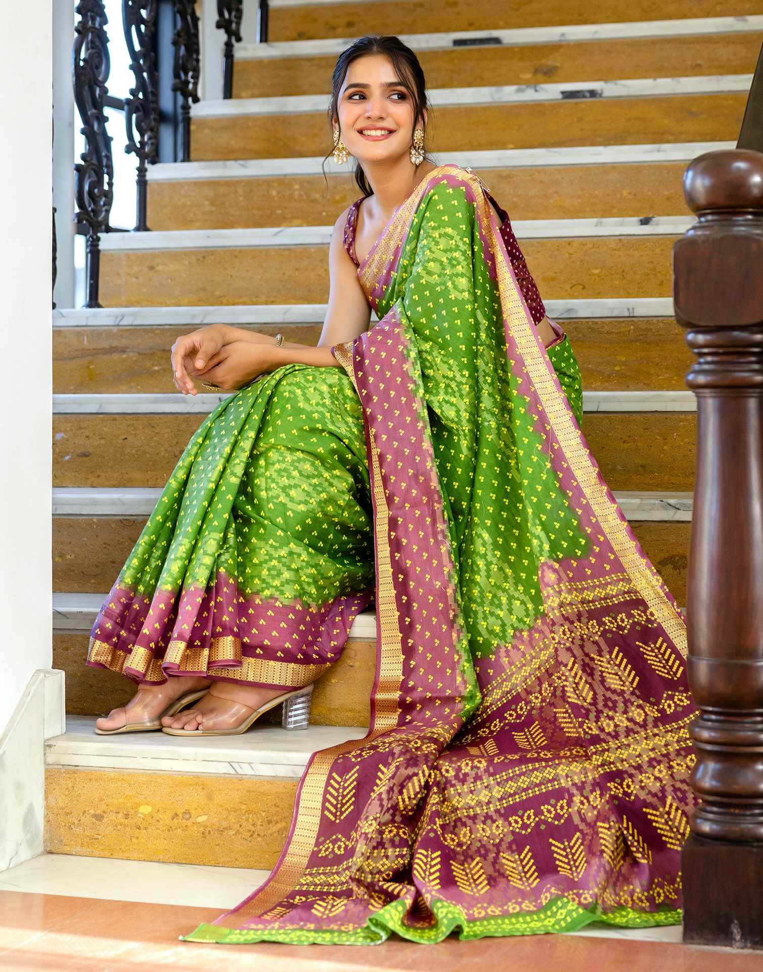 Light Green Cotton Bandhani Bandhani Saree