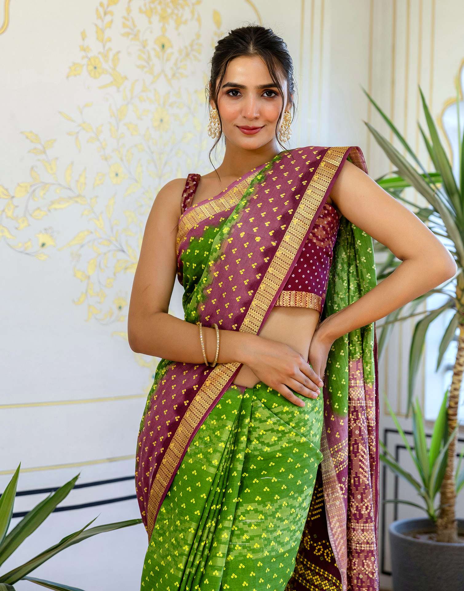 Light Green Cotton Bandhani Bandhani Saree