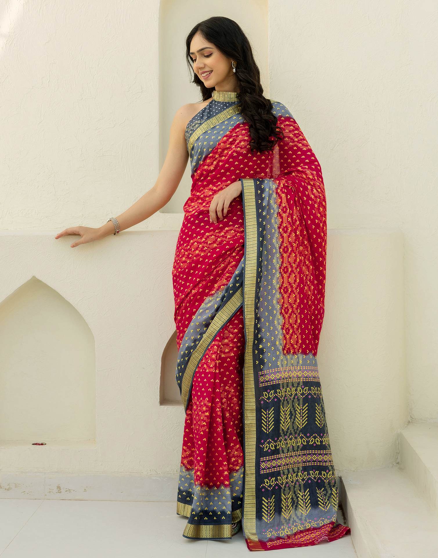 Red Cotton Printed Bandhani Saree