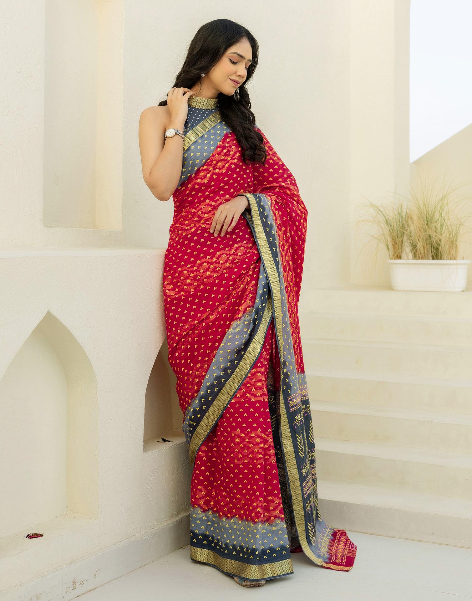 Red Cotton Printed Bandhani Saree