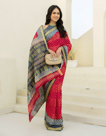 Red Cotton Printed Bandhani Saree
