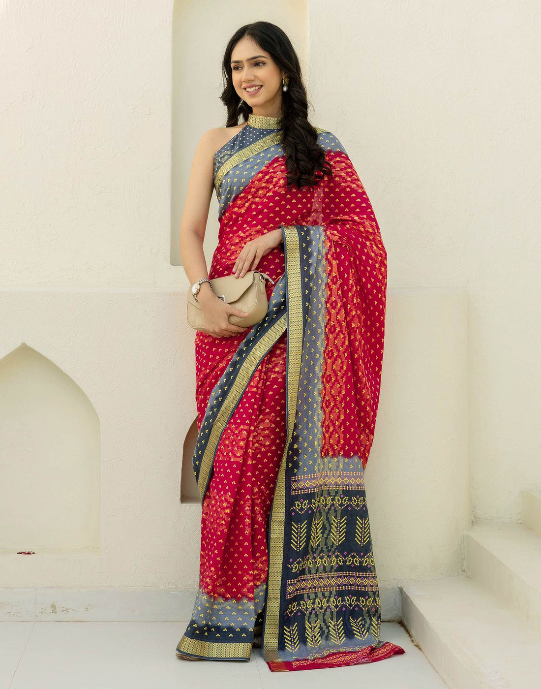 Red Cotton Printed Bandhani Saree