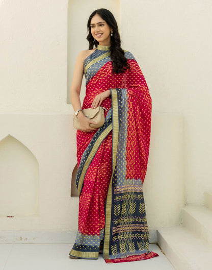 Red Cotton Printed Bandhani Saree
