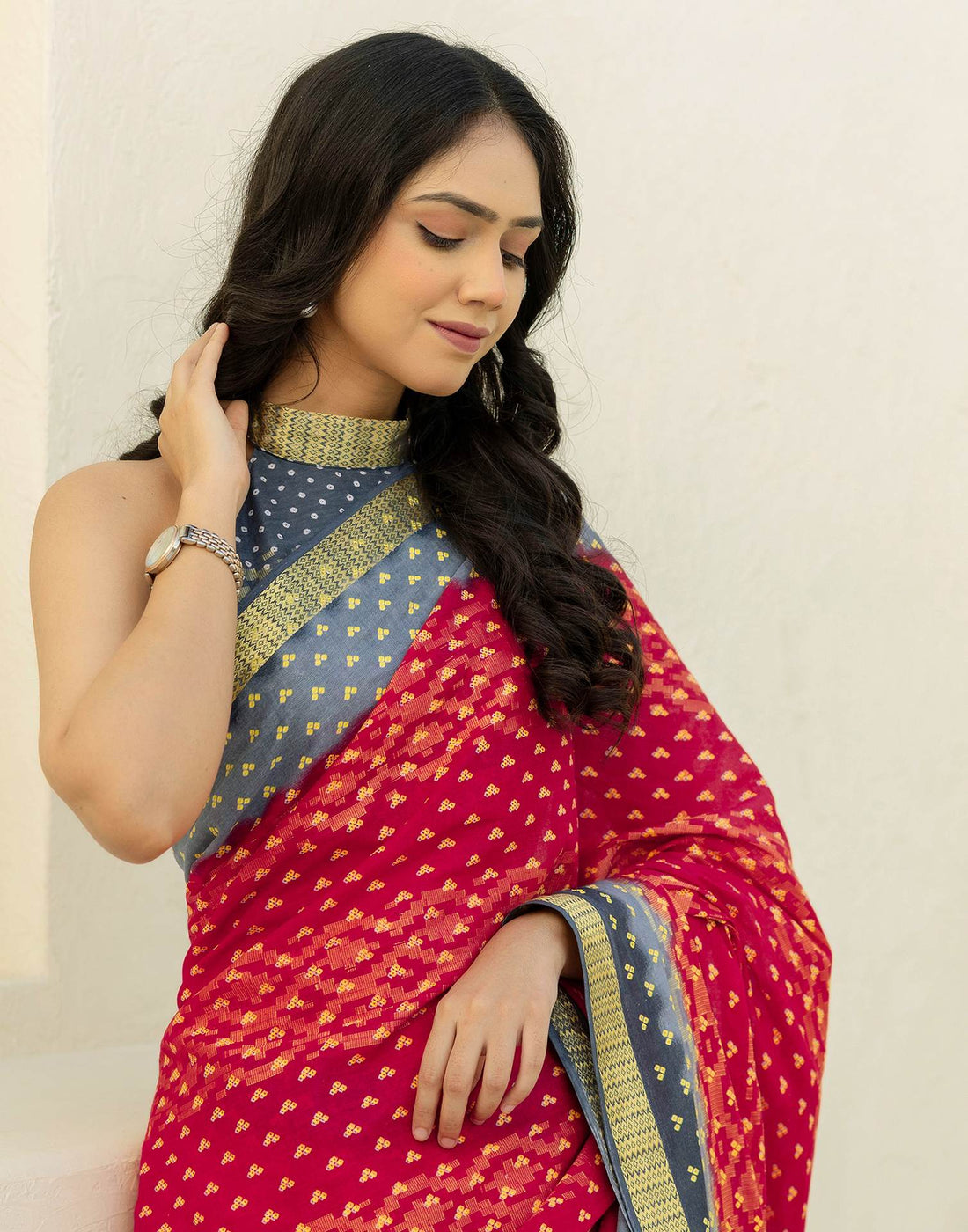 Red Cotton Printed Bandhani Saree
