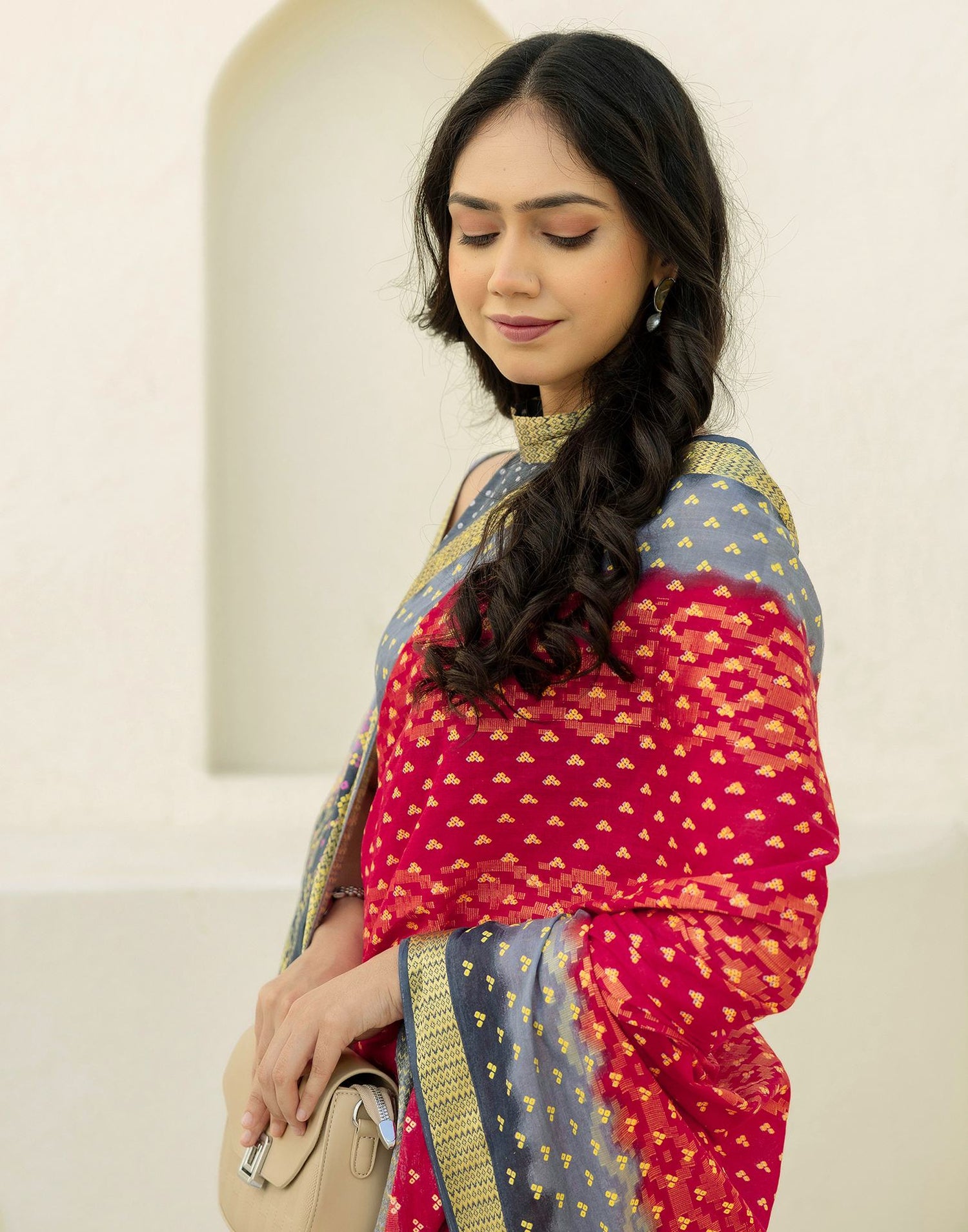 Red Cotton Printed Bandhani Saree