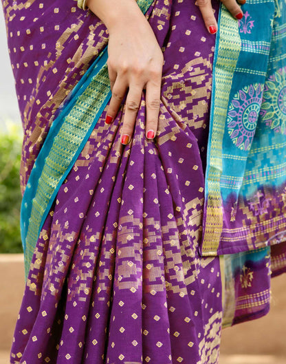 Purple Cotton Printed Bandhani Saree
