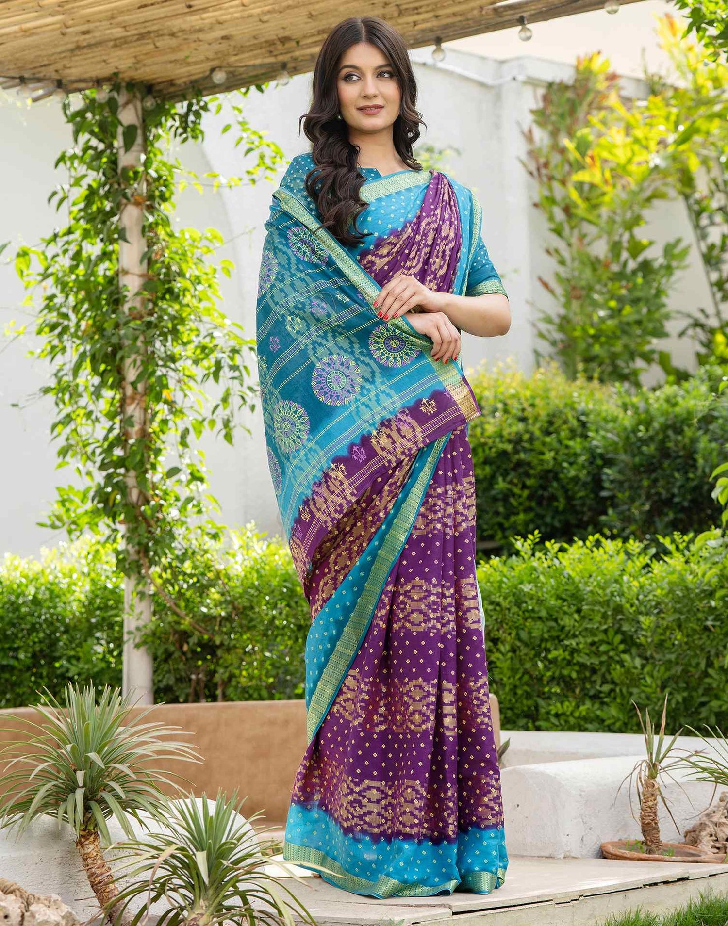 Purple Cotton Printed Bandhani Saree