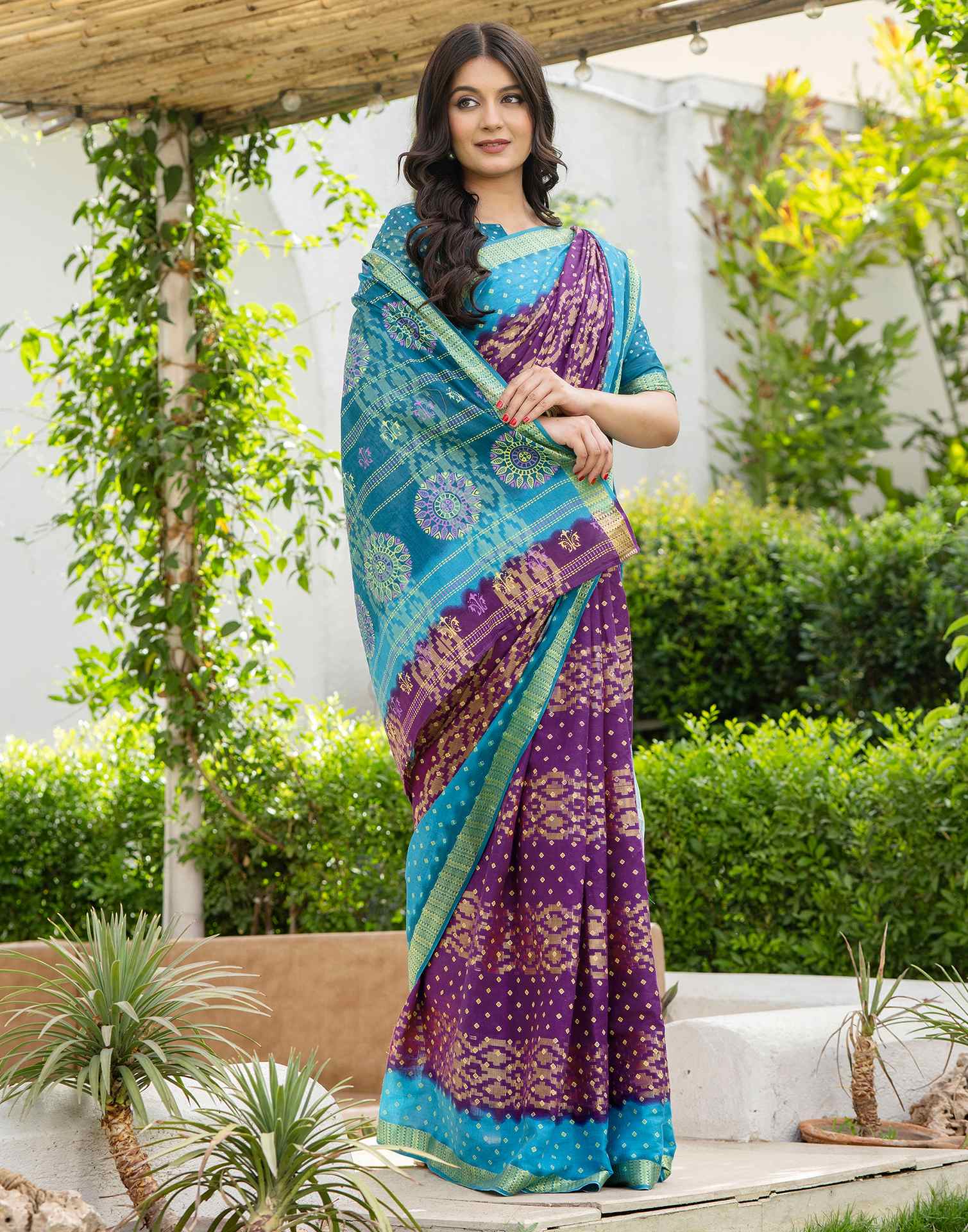 Purple Cotton Printed Bandhani Saree