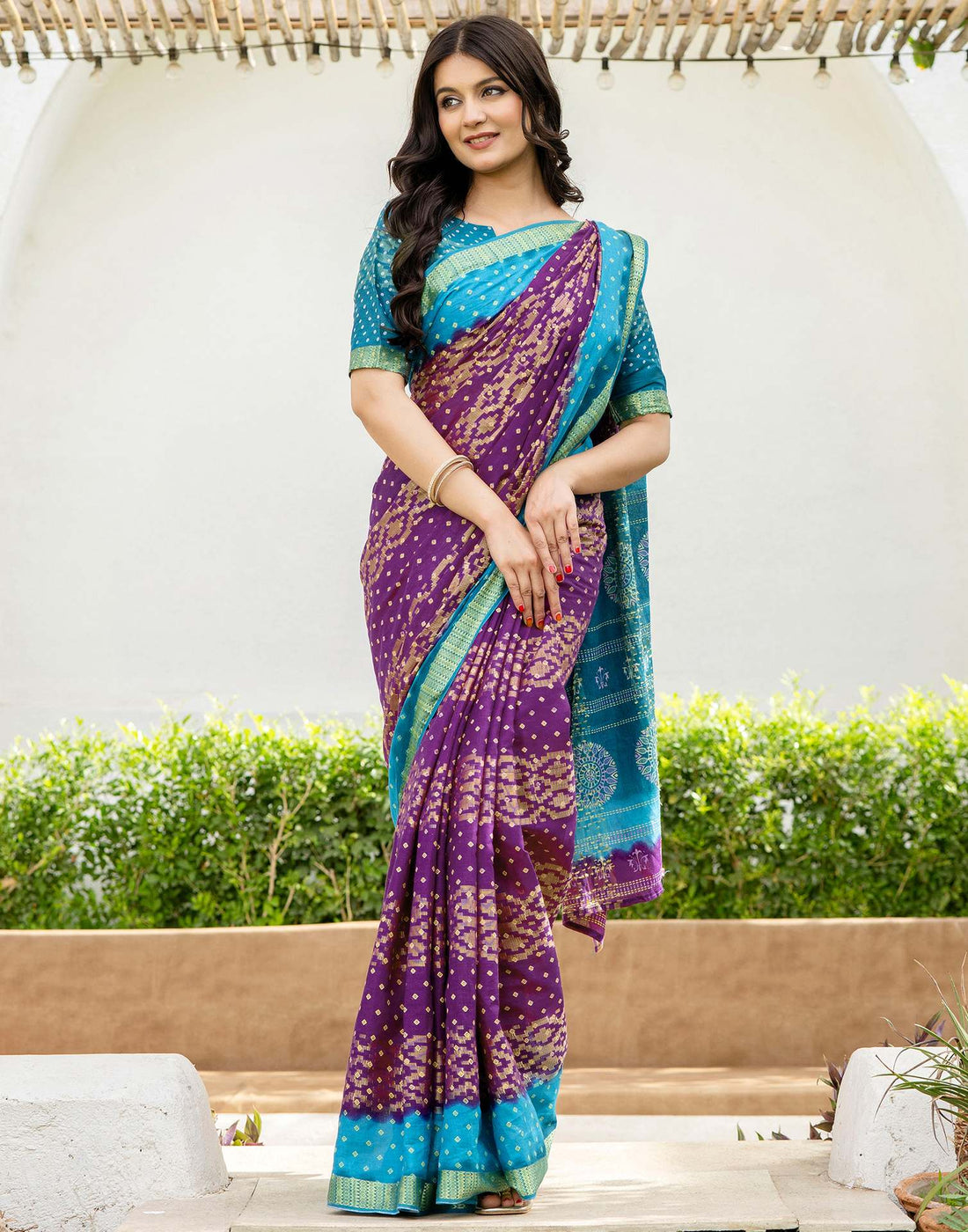 Purple Cotton Printed Bandhani Saree