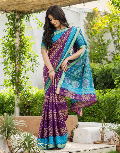Purple Cotton Printed Bandhani Saree