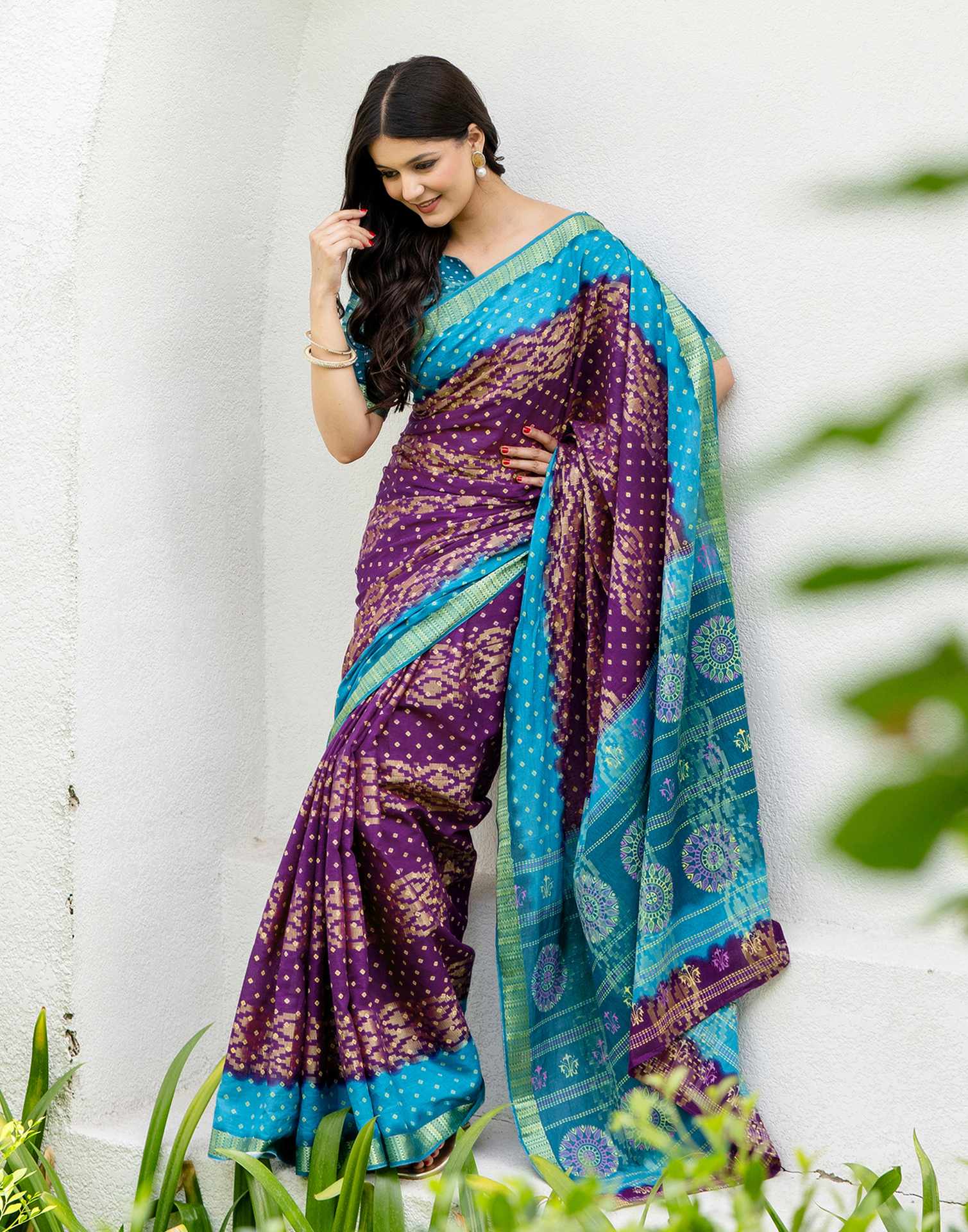 Purple Cotton Printed Bandhani Saree