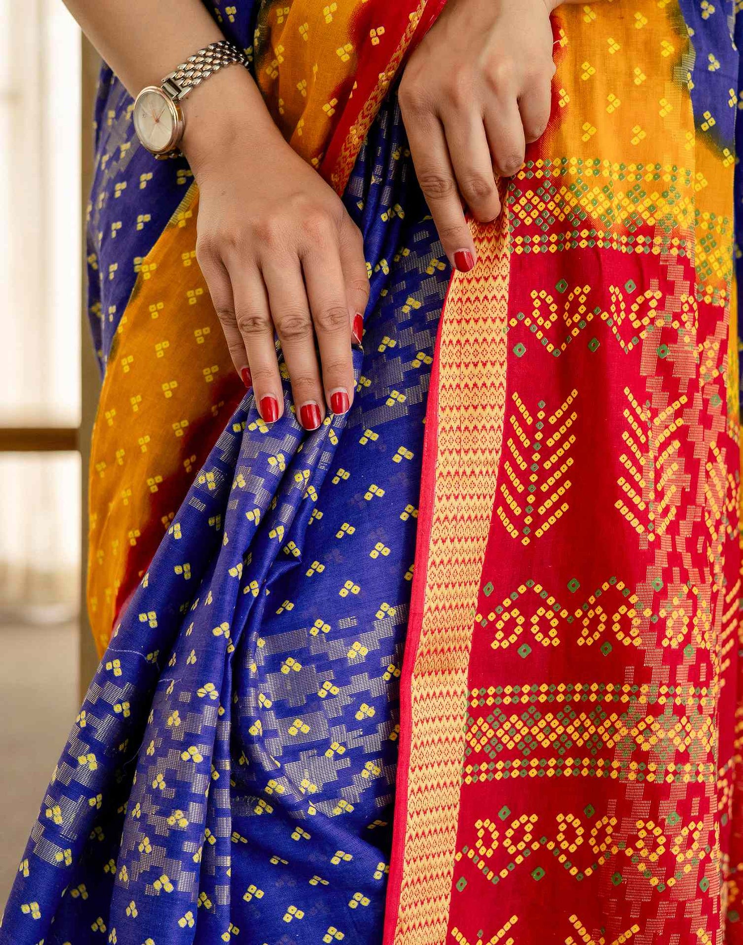Blue Cotton Printed Bandhani Saree