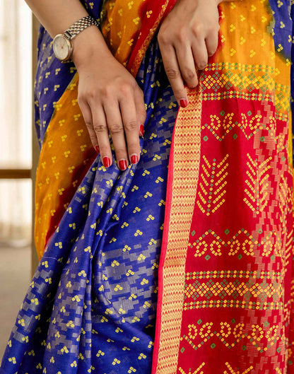 Blue Cotton Printed Bandhani Saree