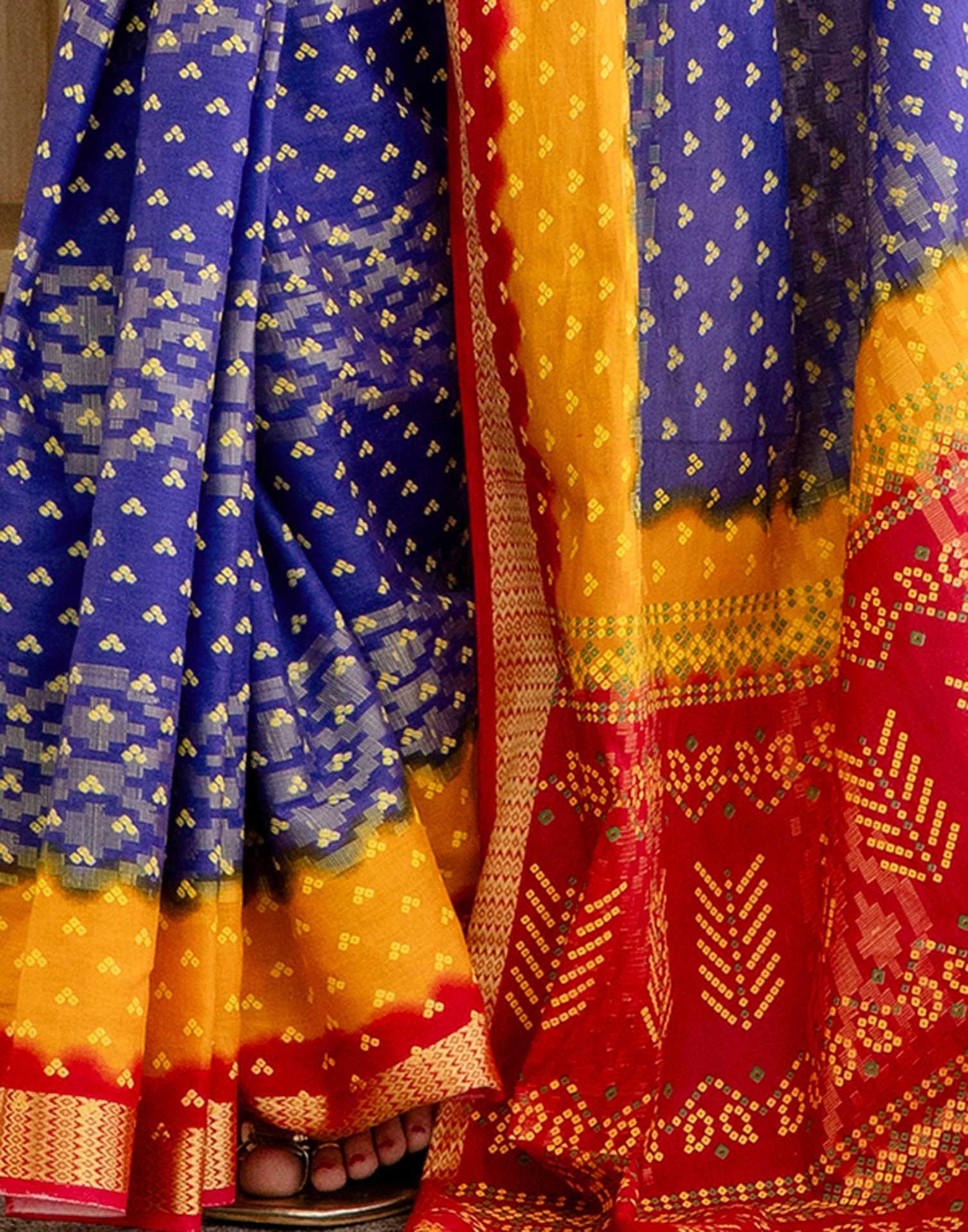 Blue Cotton Printed Bandhani Saree