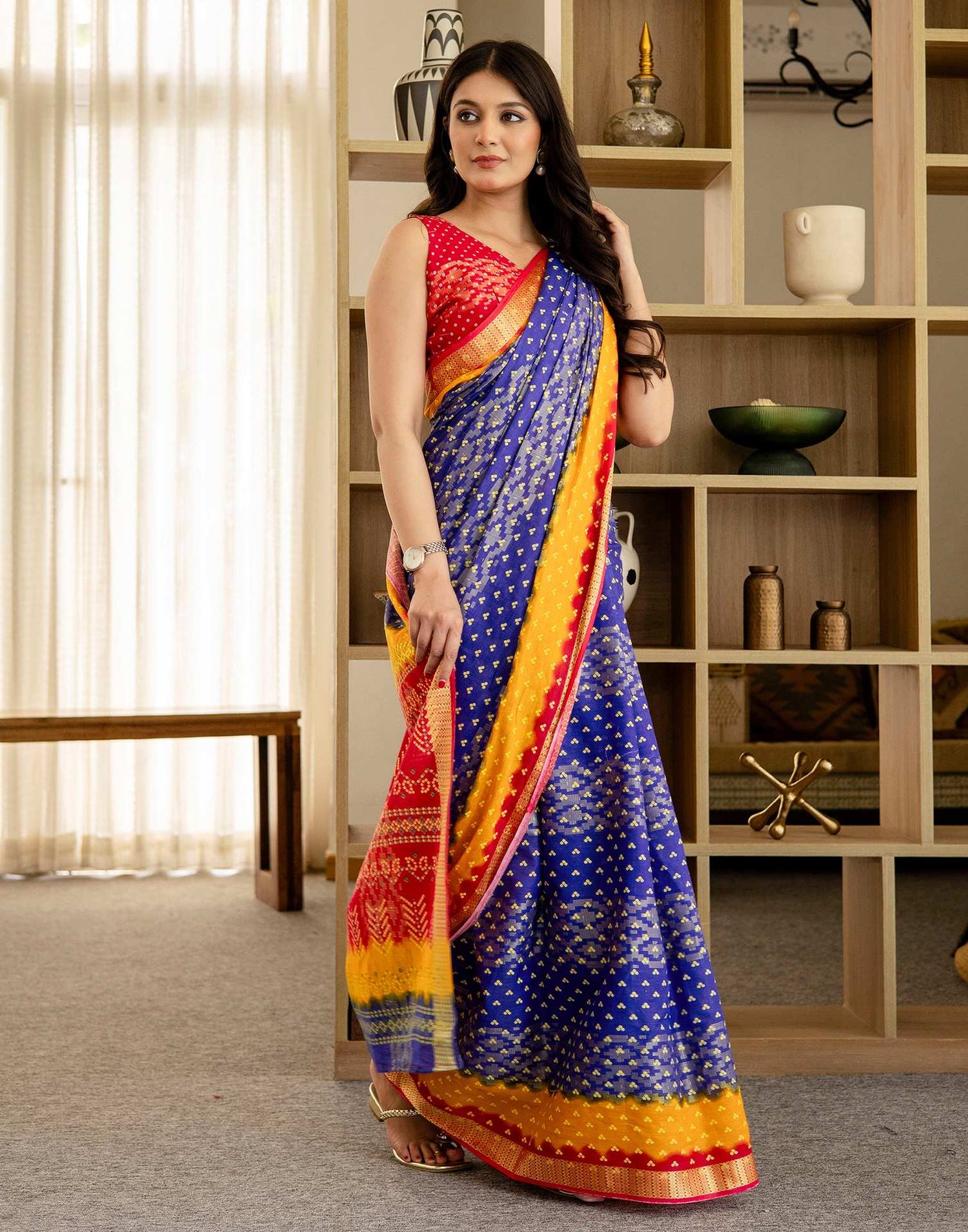 Blue Cotton Printed Bandhani Saree