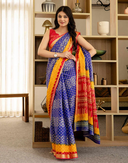 Blue Cotton Printed Bandhani Saree
