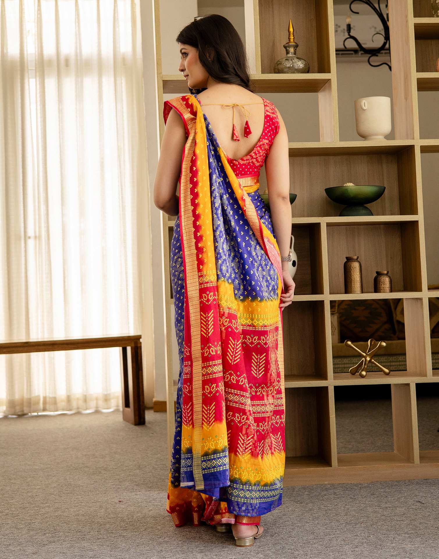 Blue Cotton Printed Bandhani Saree