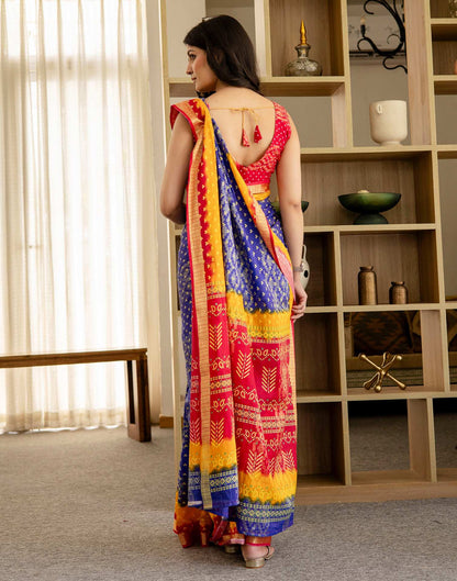 Blue Cotton Printed Bandhani Saree