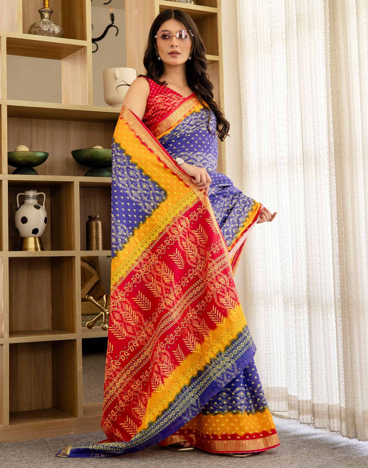 Blue Cotton Printed Bandhani Saree
