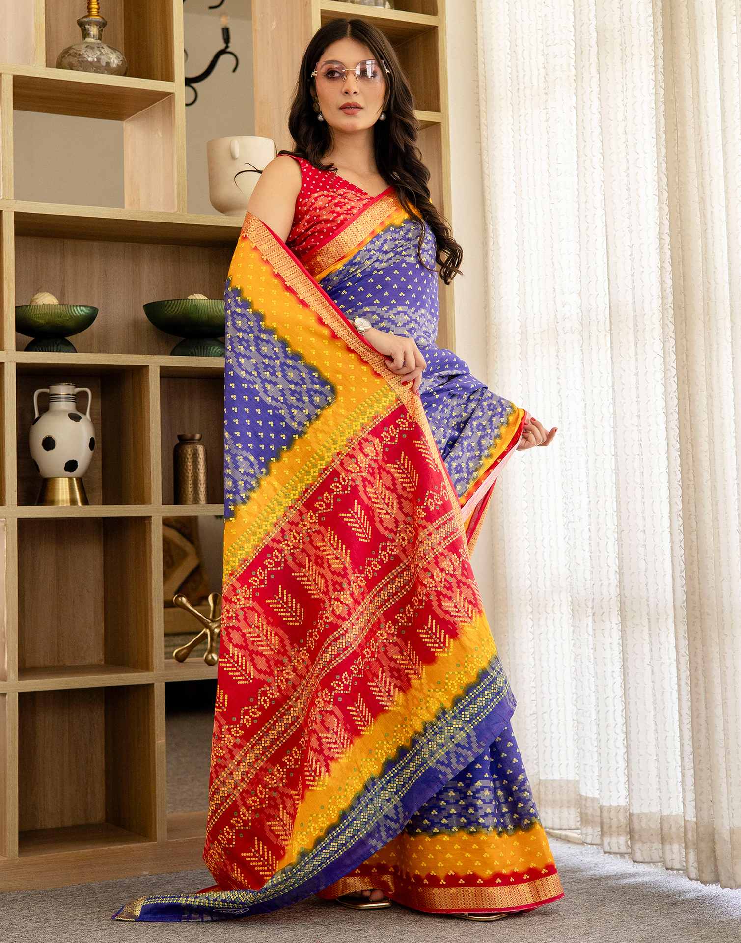 Blue Cotton Printed Bandhani Saree
