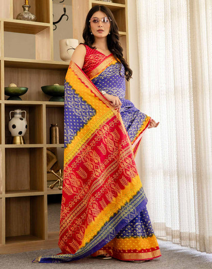 Blue Cotton Printed Bandhani Saree