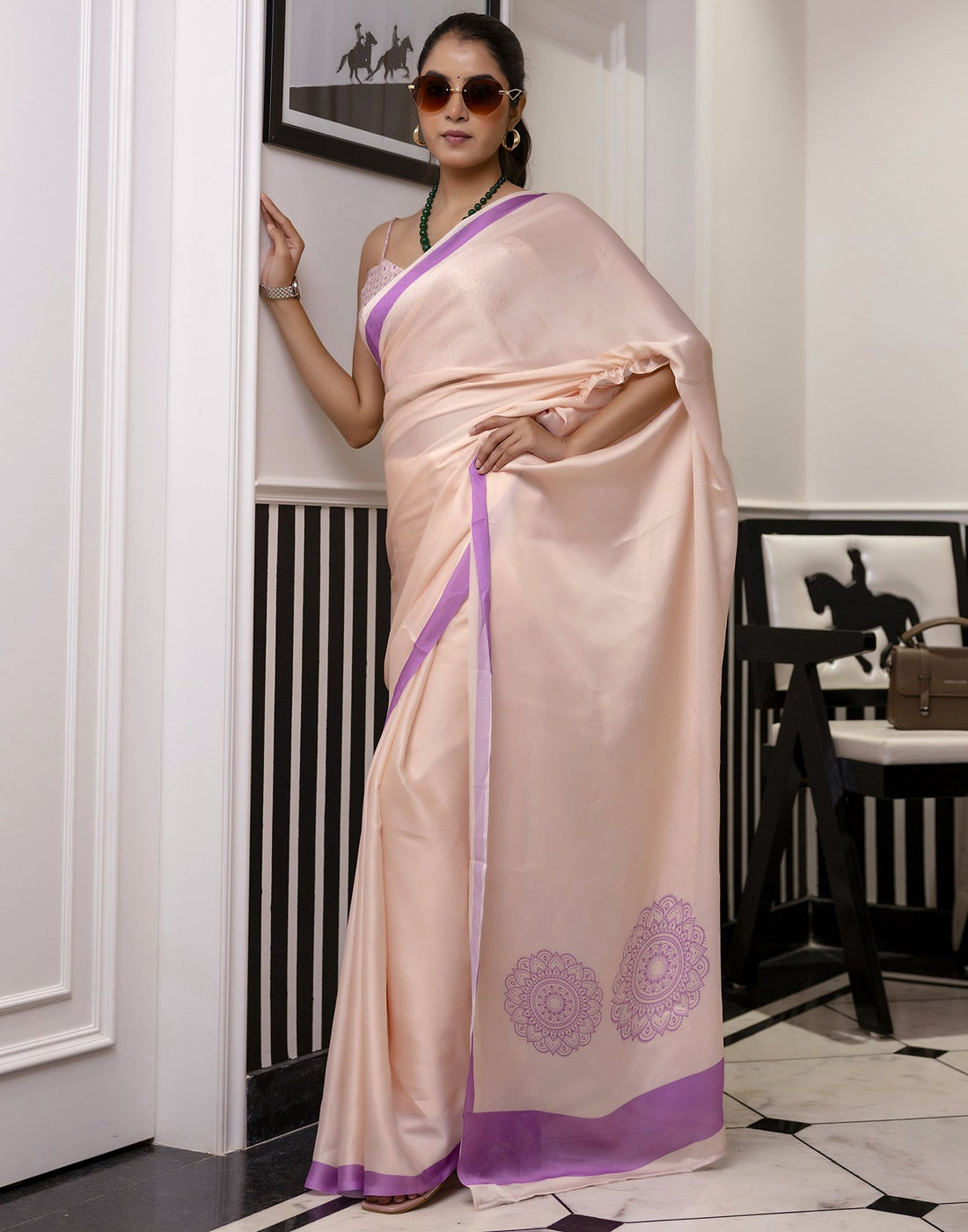 Handsfree Cream Satin Printed Saree