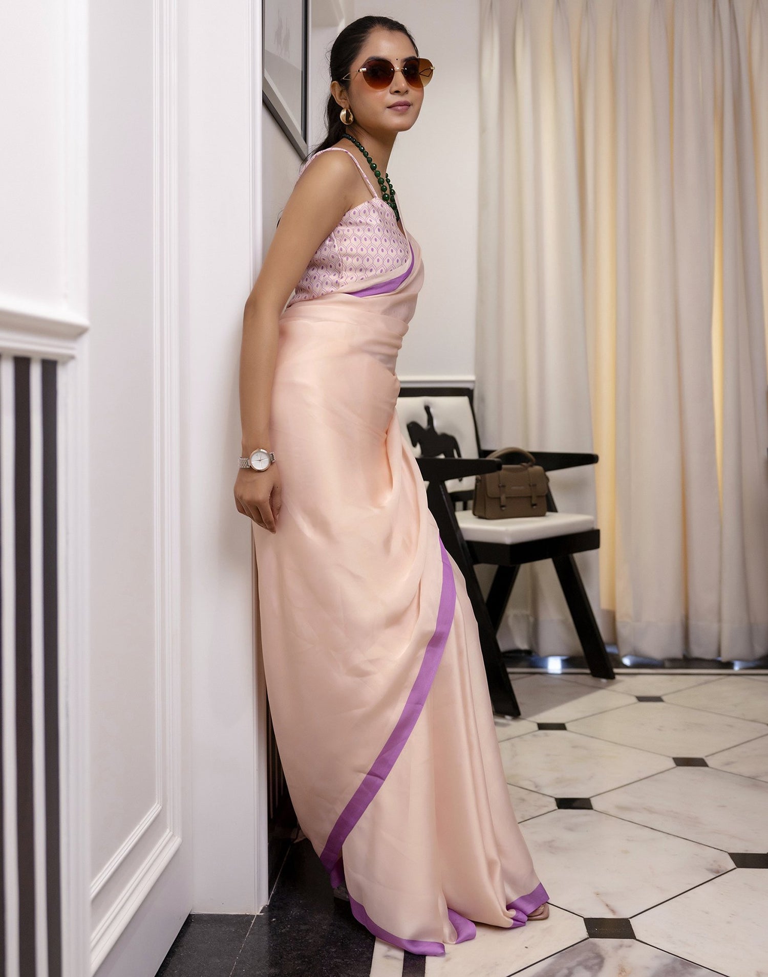 Handsfree Cream Satin Printed Saree