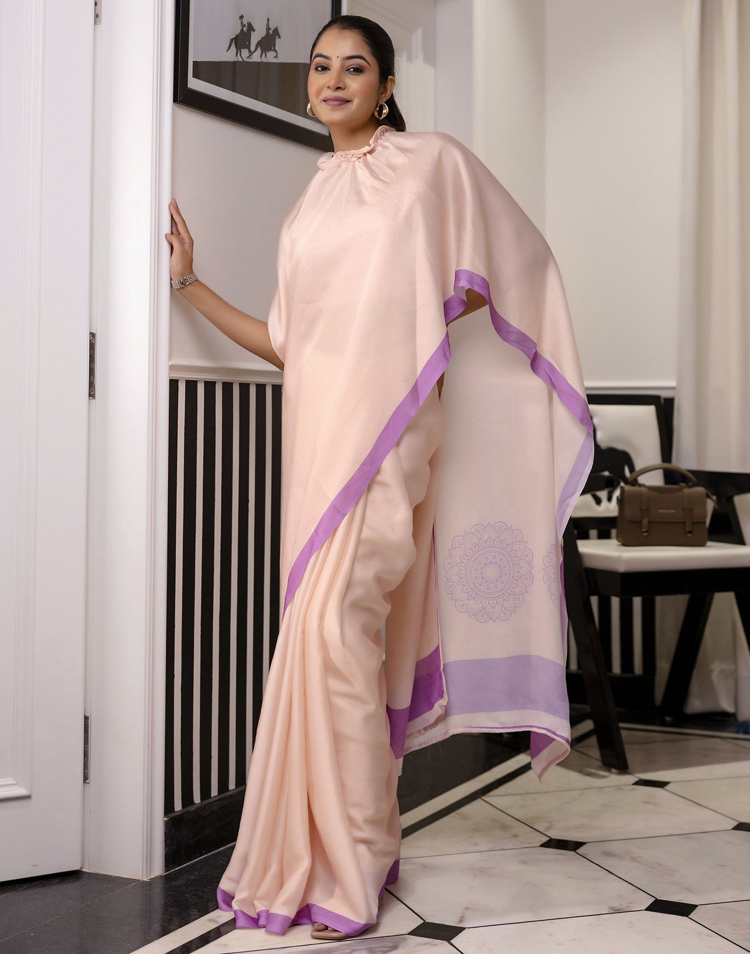 Handsfree Cream Satin Printed Saree