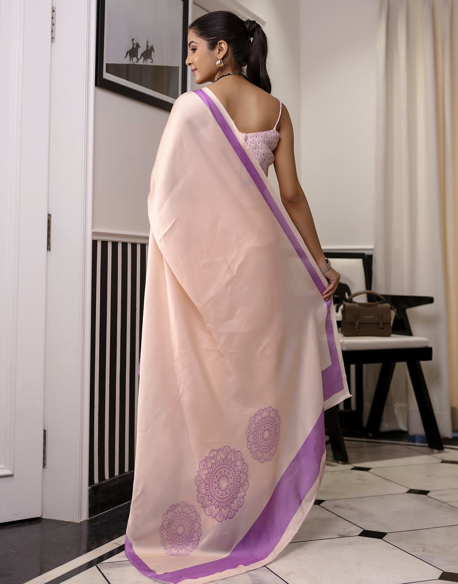 Handsfree Cream Satin Printed Saree