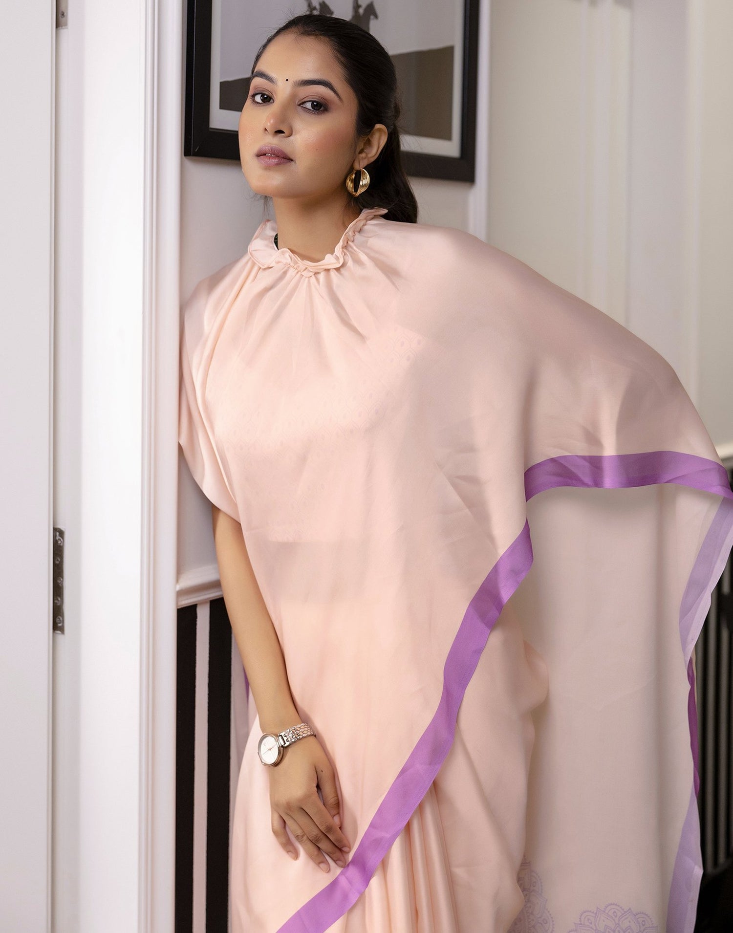 Handsfree Cream Satin Printed Saree