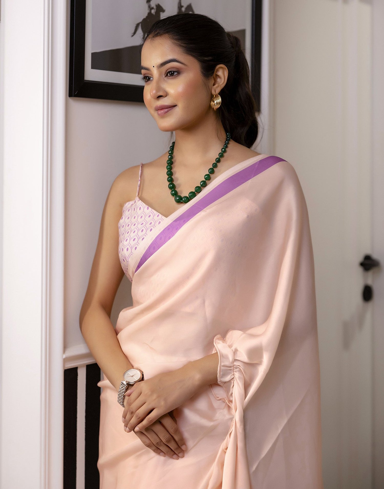 Handsfree Cream Satin Printed Saree