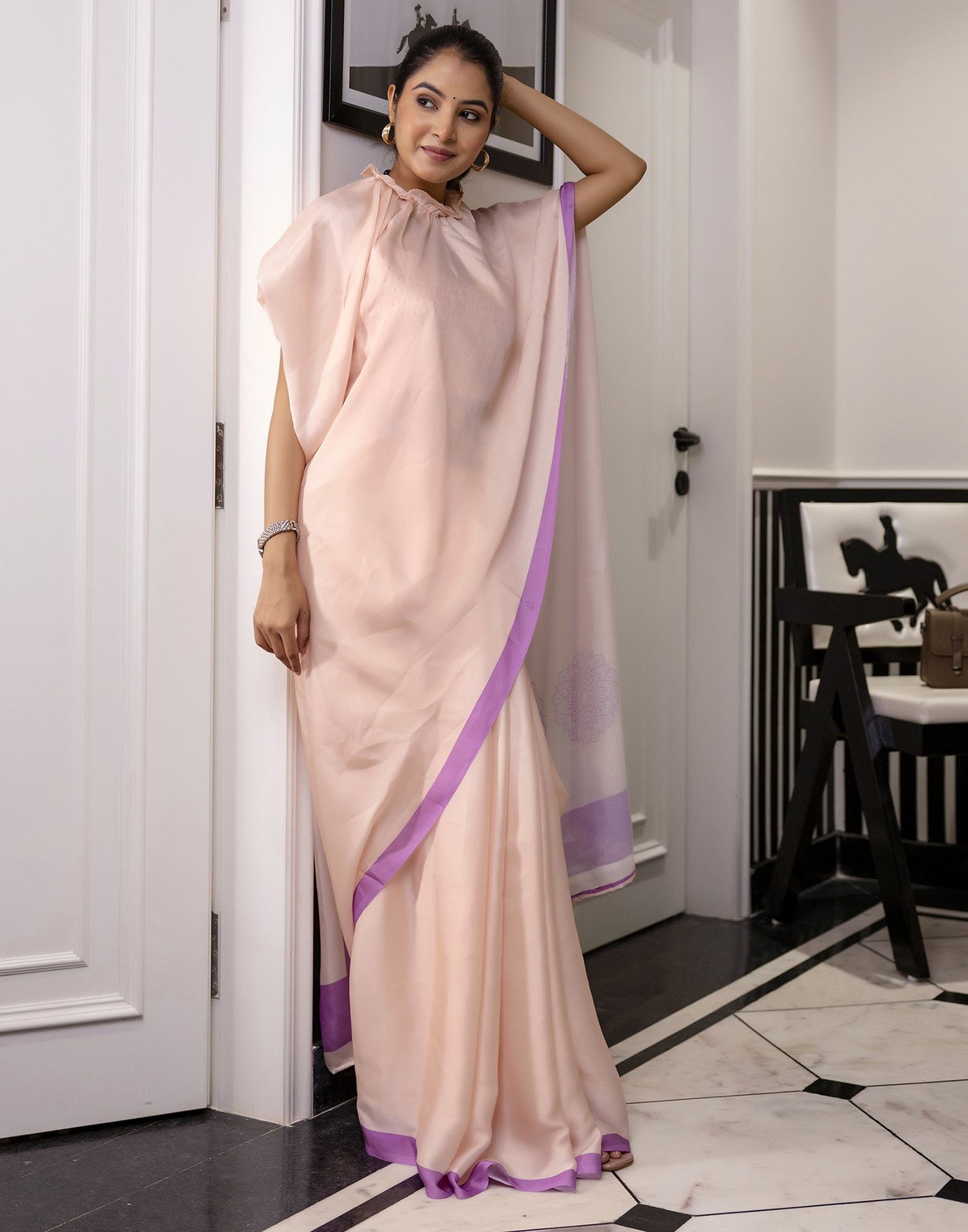 Handsfree Cream Satin Printed Saree