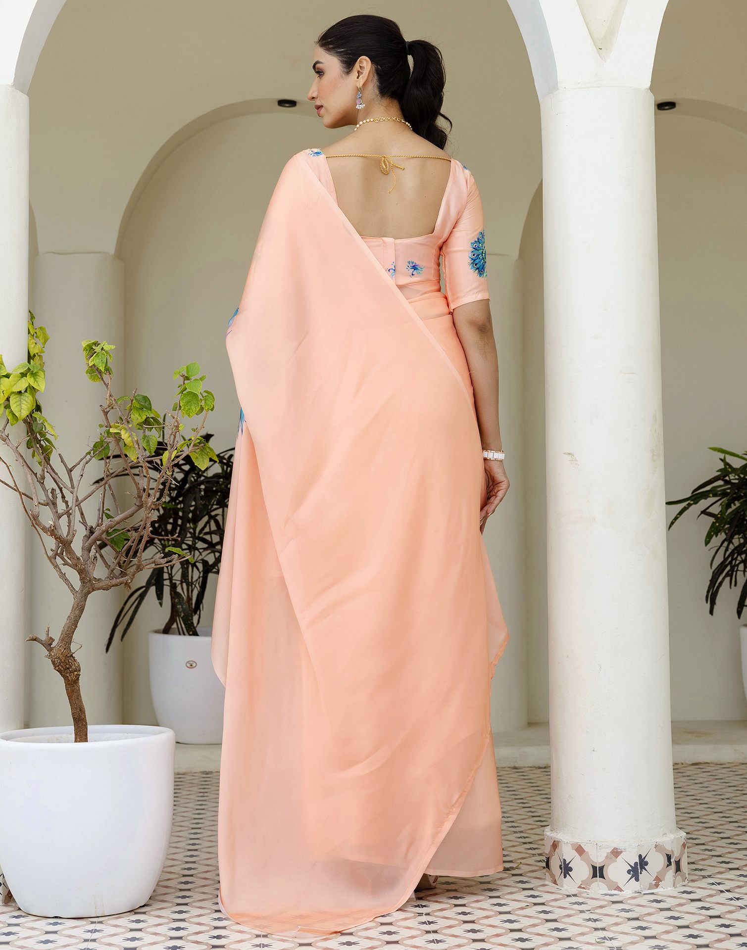 Handsfree Light Peach Satin Printed Saree